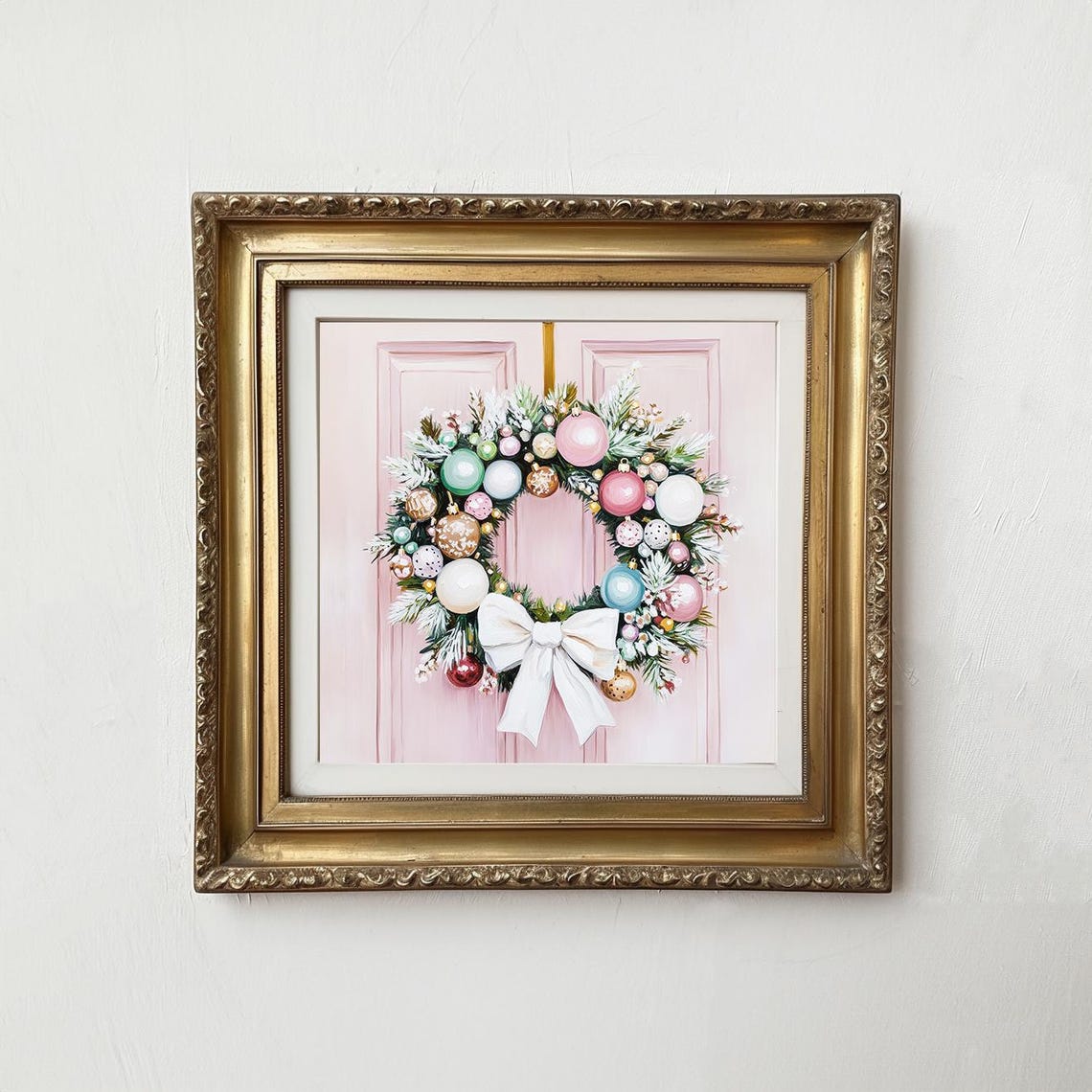 Coquette Pink Door Christmas Wreath Pastel Ornaments Holiday Wall Art - Image 2