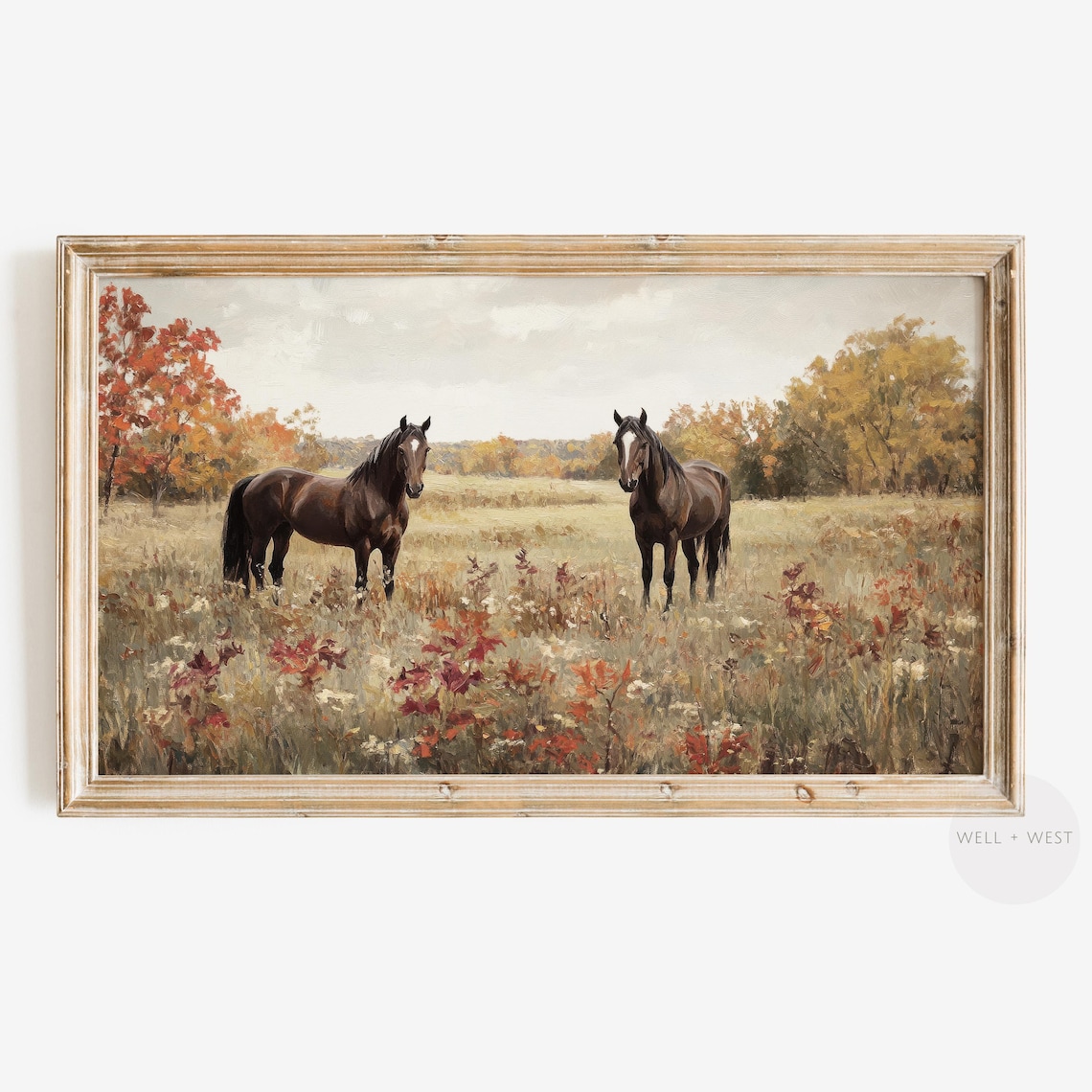 Vintage Fall Wild Horse Forest Landscape Art Print