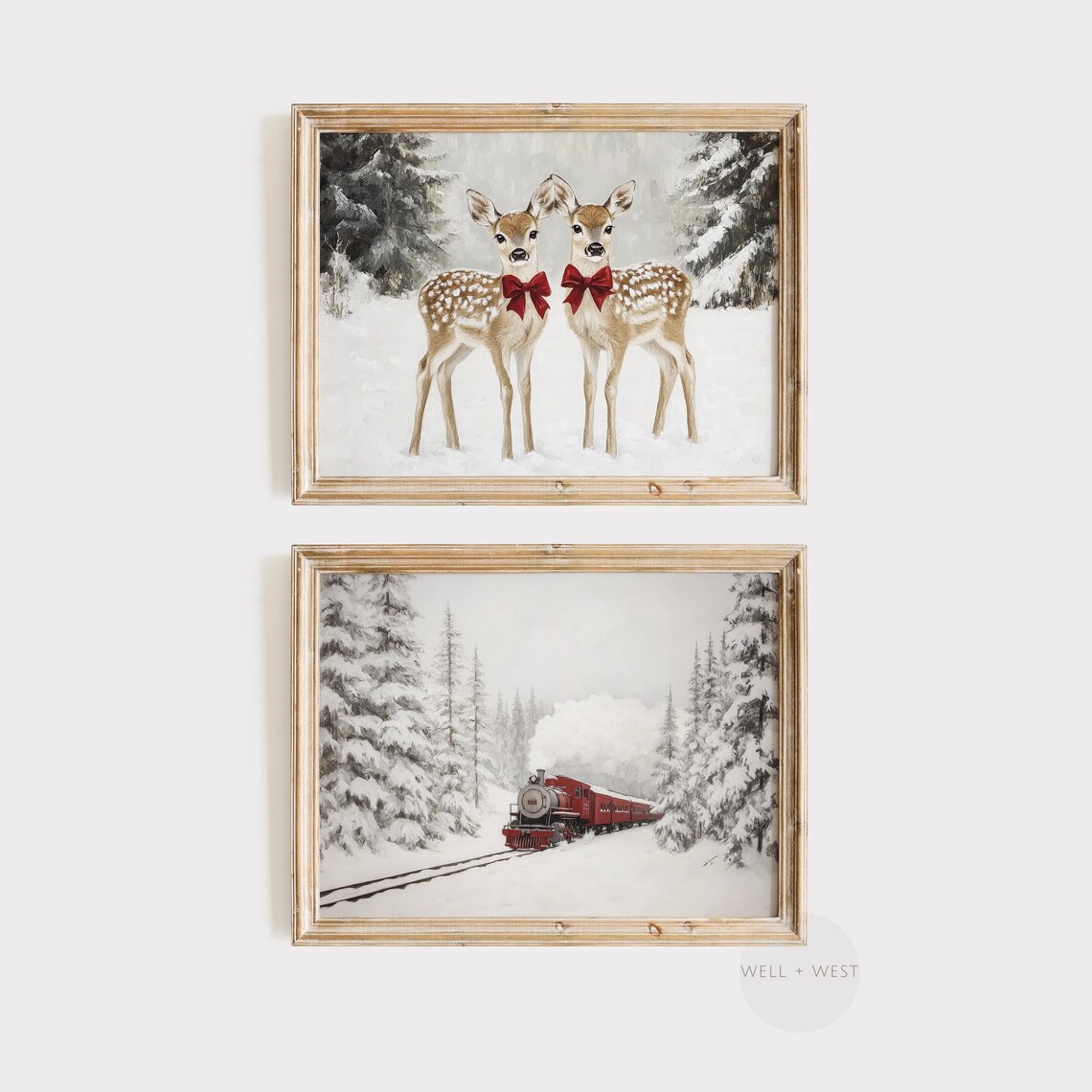 Adorable Twin Fawns Red Bows Snowy Winter Whimsical Deer Poster - Image 2