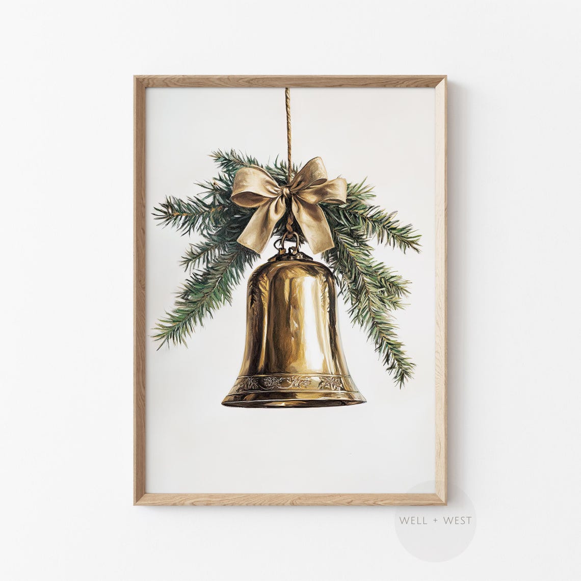 Vintage Brass Jingle Bell Pine Sprig Gold Bow Minimalist Holiday Print - Image 2