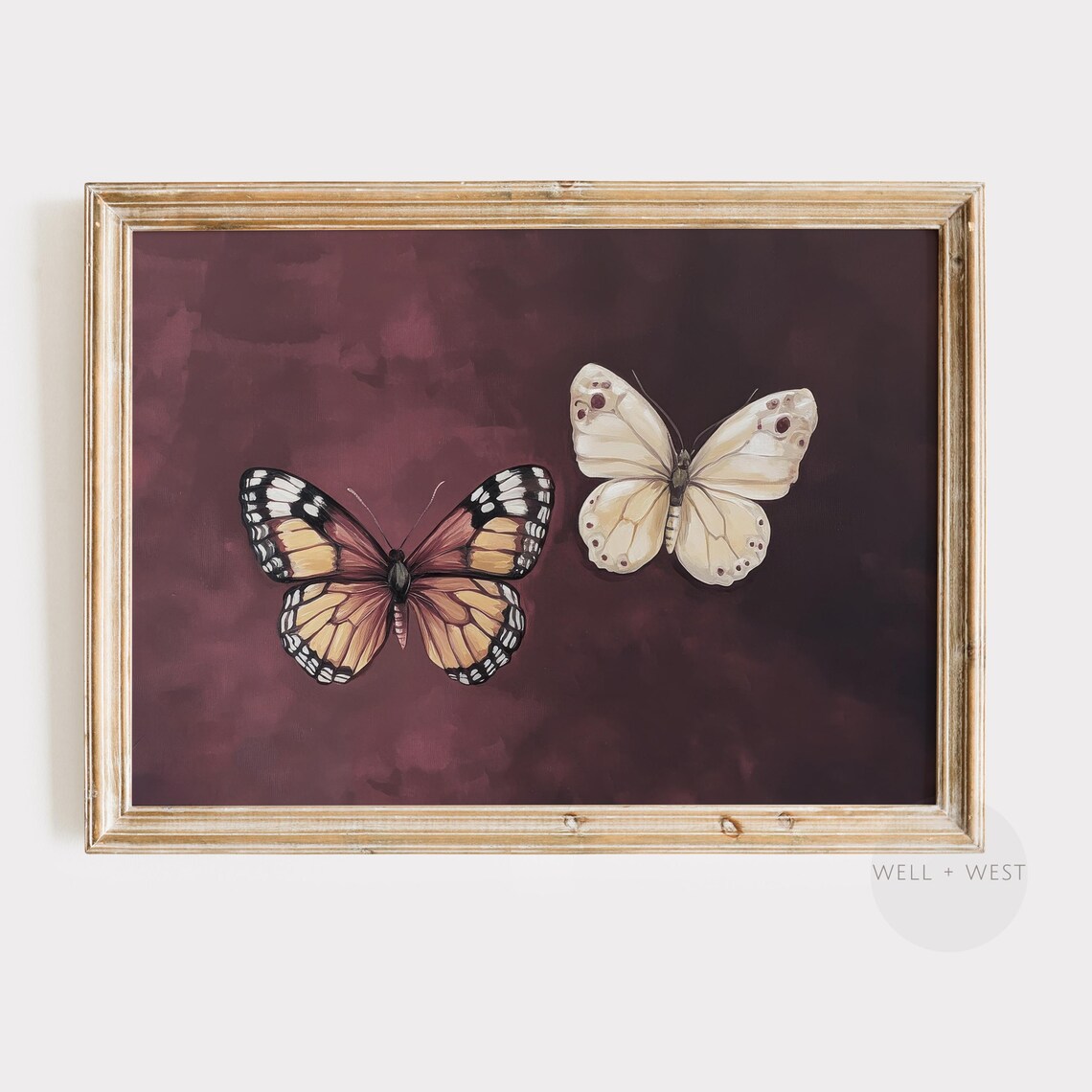 Moody Butterfly Print Burgundy Pink Moth Painting Dark Aesthetic Vintage Style Art Girl Room Nursery Cottagecore P415