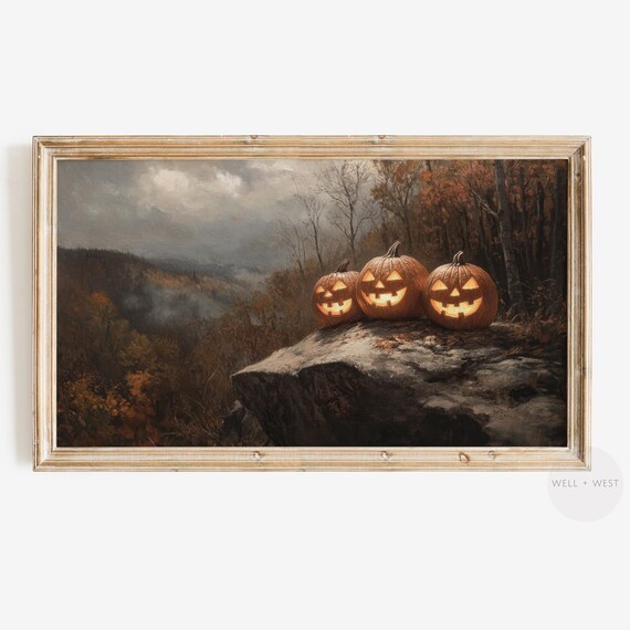 Glowing Jack O Lanterns On Cliff Moody Autumn Halloween Art Print