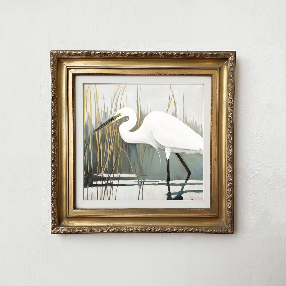 White Heron Antique Bird Oil Painting Art Print - Image 2