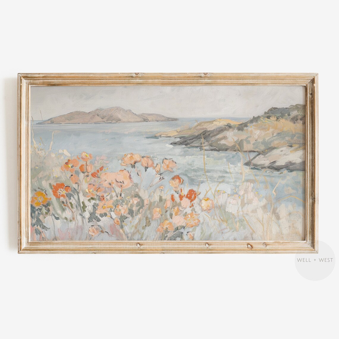 Wildflower Coastal Island Seascape Orange Poppies Vintage Art Poster
