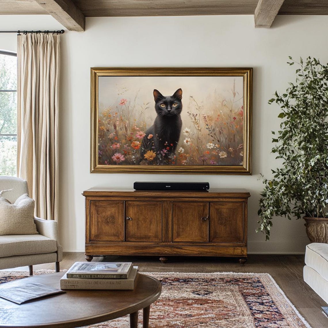 Fall Frame Tv Art Black Cat Oil Painting Autumn Wildflower Landscape Tv Art Vintage Style Thanksgiving Art Halloween Tv Art Tv332 - Image 3