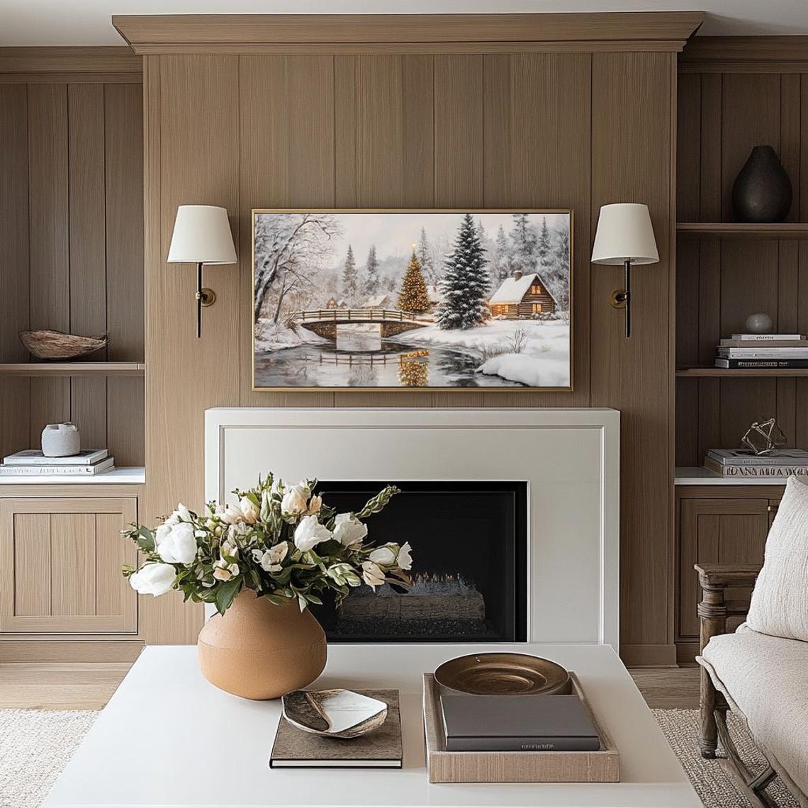 Cozy Winter Frame Tv Art Snowy Cabin Landscape Oil Painting Christmas Tree Tv Art Neutral Vintage Holiday Art Festivedecor Tv354 - Image 3
