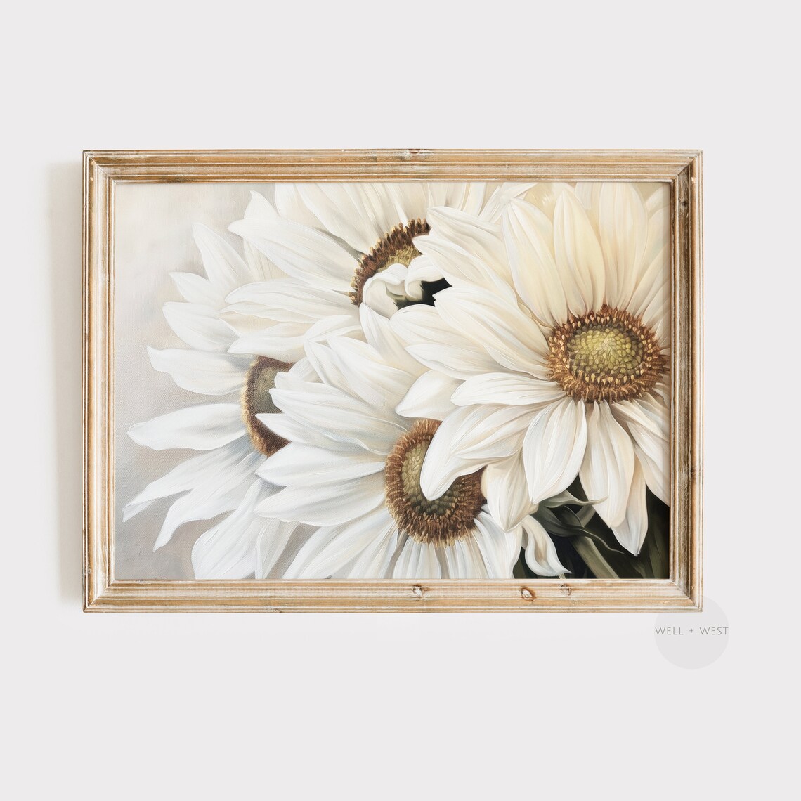 White Sunflowers Close Up Neutral Floral Vintage Oil Wall Art Print