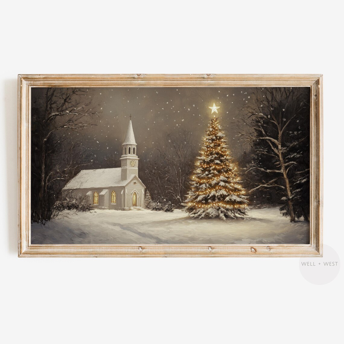 Vintage Christmas Church Glowing Tree Snowy Night Village Poster