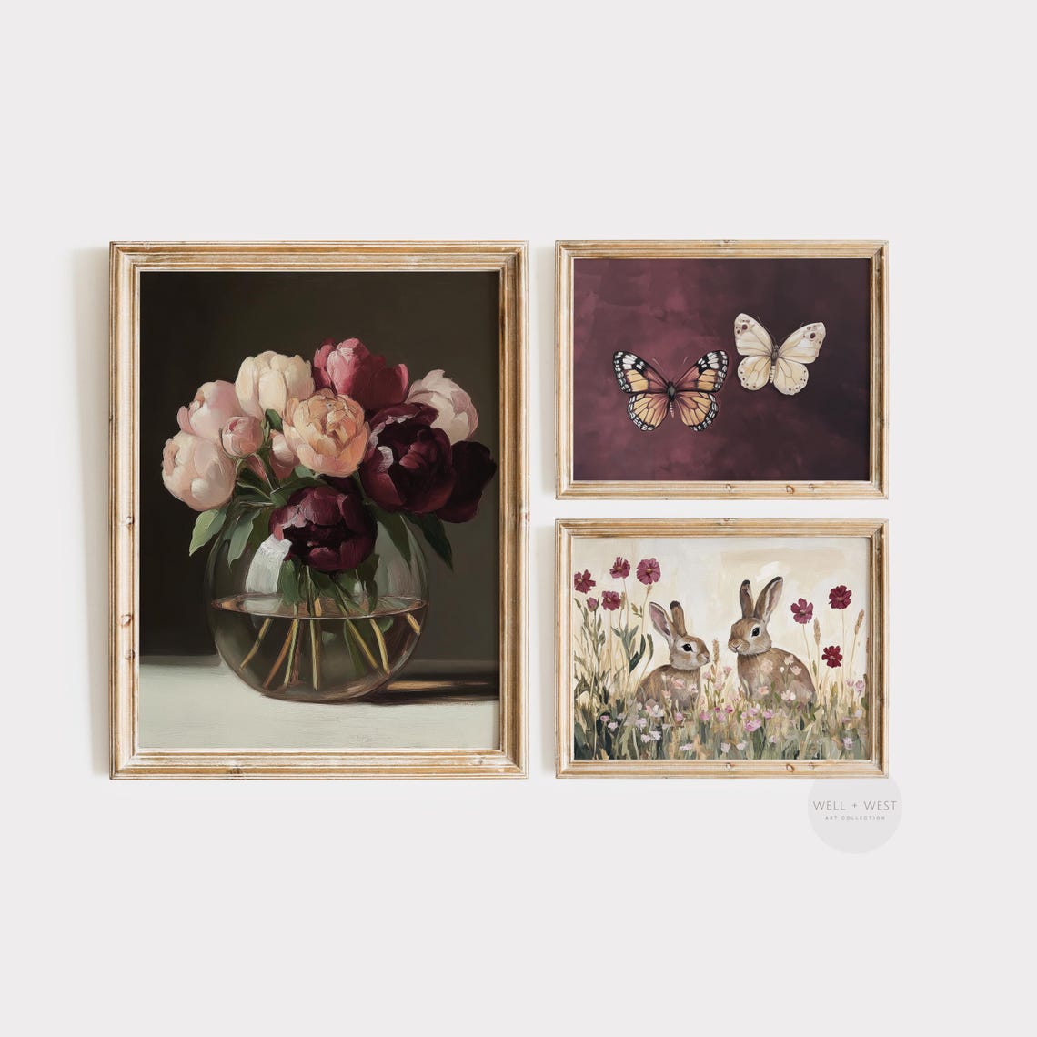 Burgundy and Blush Peonies in Glass Vase Dark Floral Still Life Print - Image 3