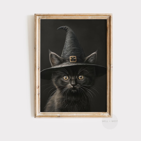 Black Kitten Wearing Witch Hat Spooky Halloween Portrait Art Print