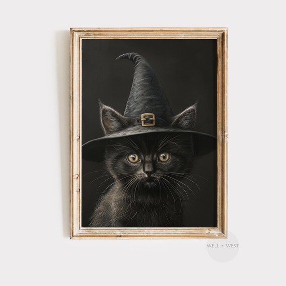 Halloween Print Cute Black Cat Painting Moody Vintage Style Fall Art Dark Spooky Season Gothic Print Witchy Art P272