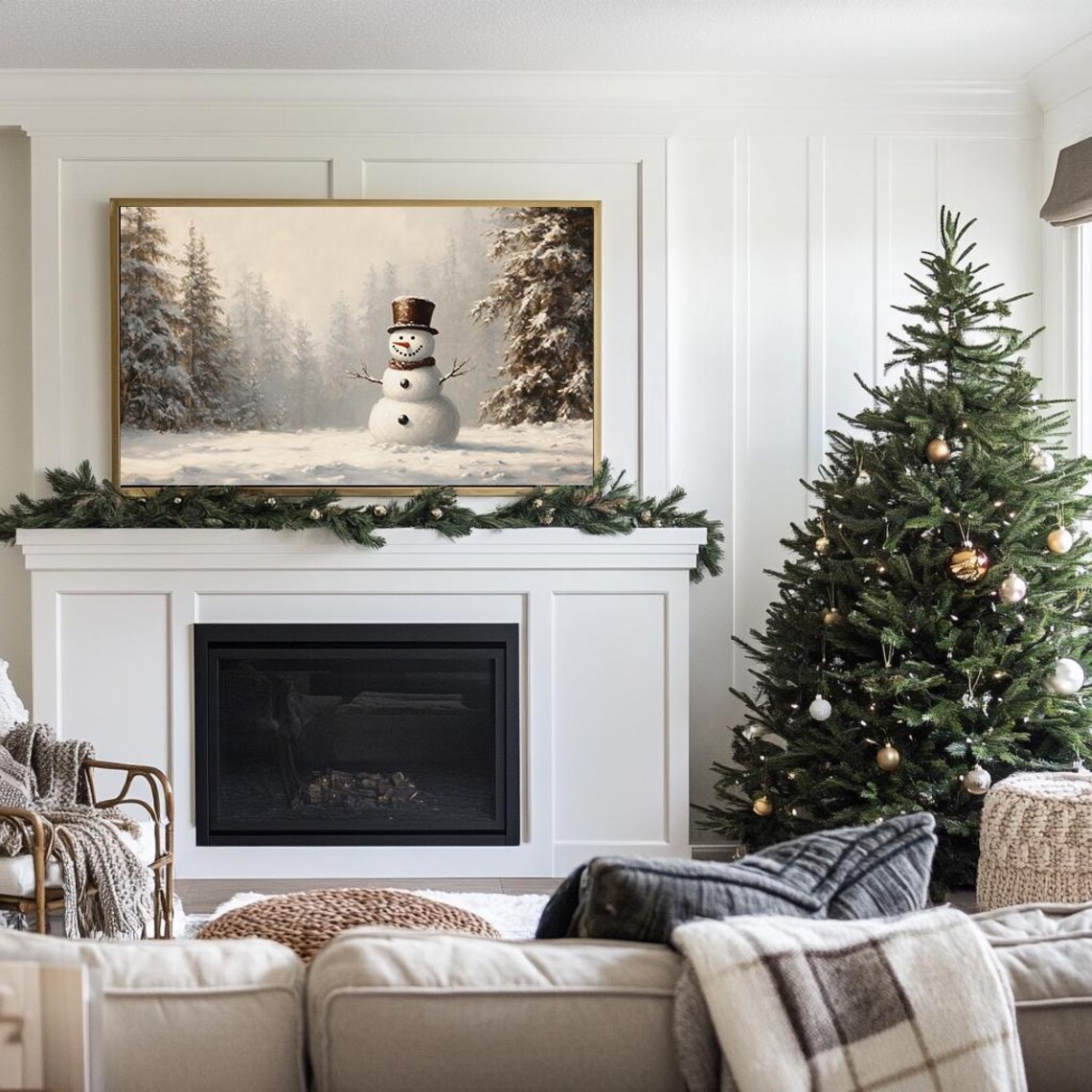 Vintage Snowman Snowy Pine Forest Winter Wonderland Wall Art - Image 2