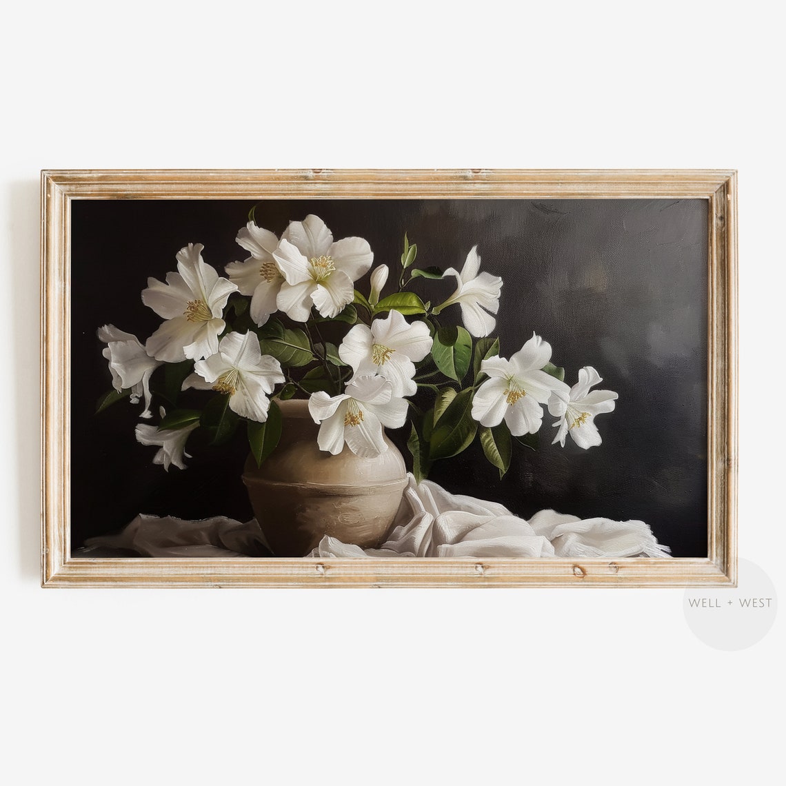 Vintage Moody Flowers Frame Tv Art White Flower Oil Painting Botanical Still Life Farmhouse Decor Dark Aesthetic Tv097