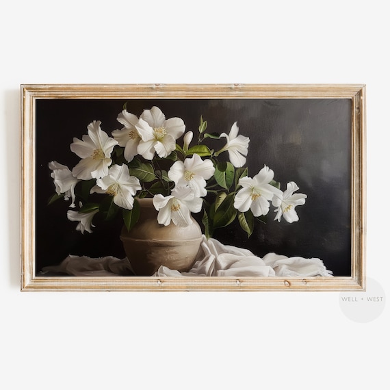 Vintage Moody Flowers Frame Tv Art White Flower Oil Painting Botanical Still Life Farmhouse Decor Dark Aesthetic Tv097