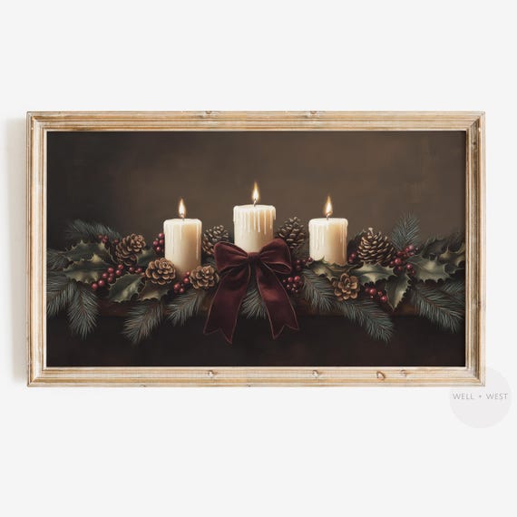 Christmas Fir Garland Vintage Oil Painting Art Print