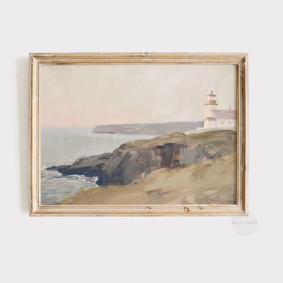 Lighthouse Rocky Cliffs Pastel Seascape Nautical Vintage Art Poster