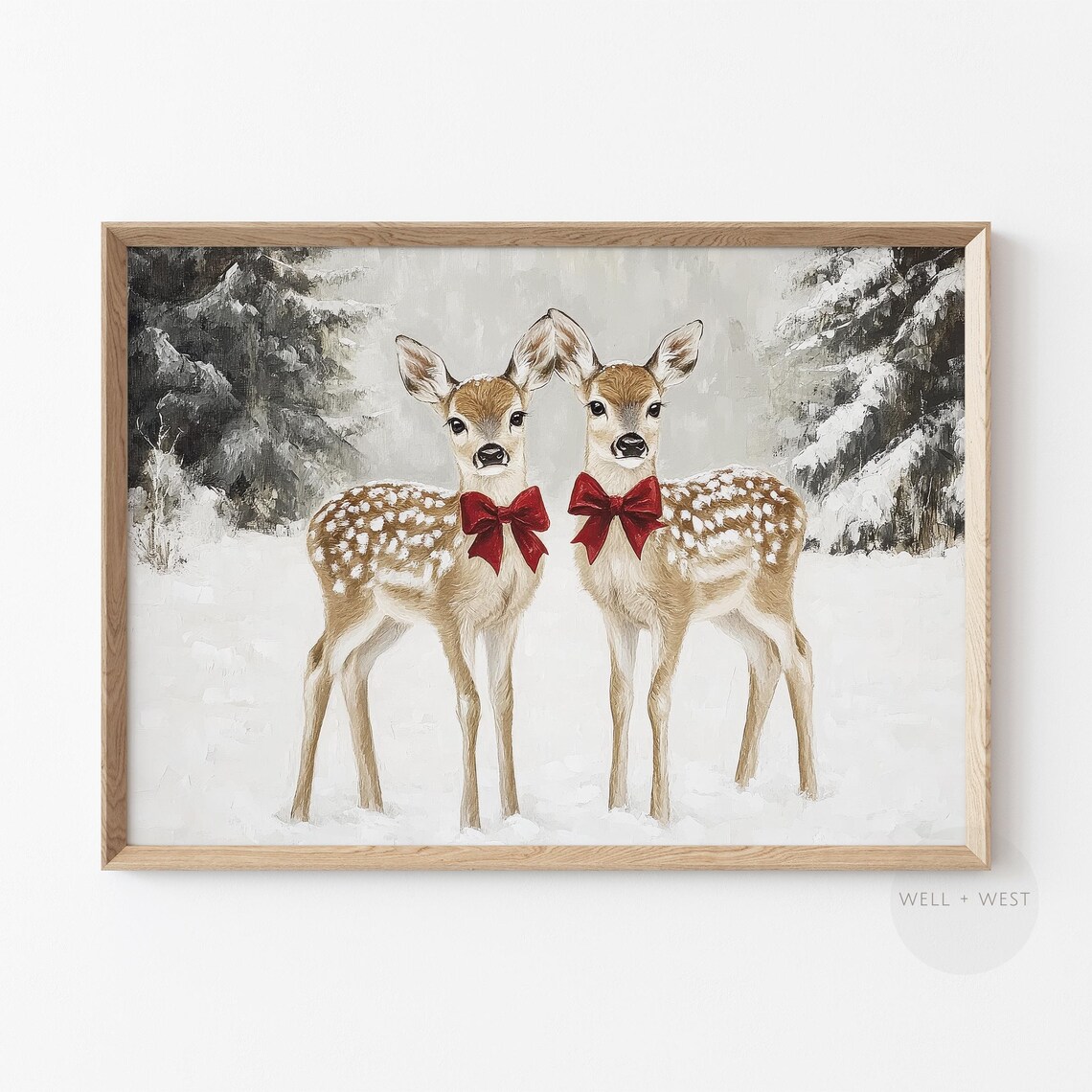Adorable Twin Fawns Red Bows Snowy Winter Whimsical Deer Poster - Image 3
