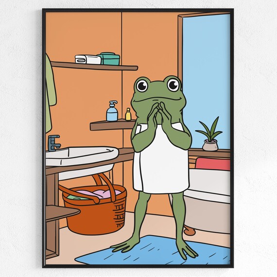 Cute Frog In Towel Funny Bathroom Cartoon Quirky Green Poster