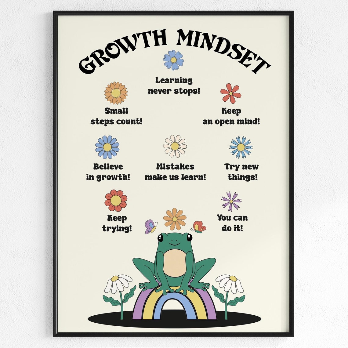 Growth Mindset Frog Rainbow Daisy Kids Classroom Quote Poster