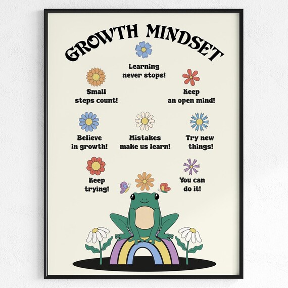 Growth Mindset Frog Rainbow Daisy Kids Classroom Quote Poster