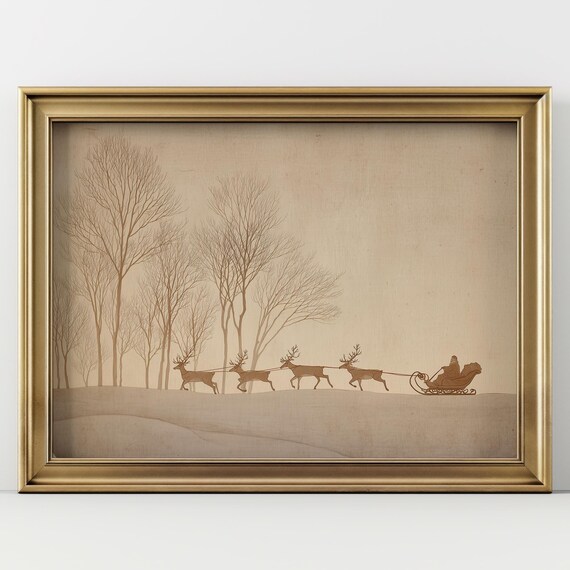 Santa Sleigh Reindeer Minimalist Neutral Vintage Christmas Poster
