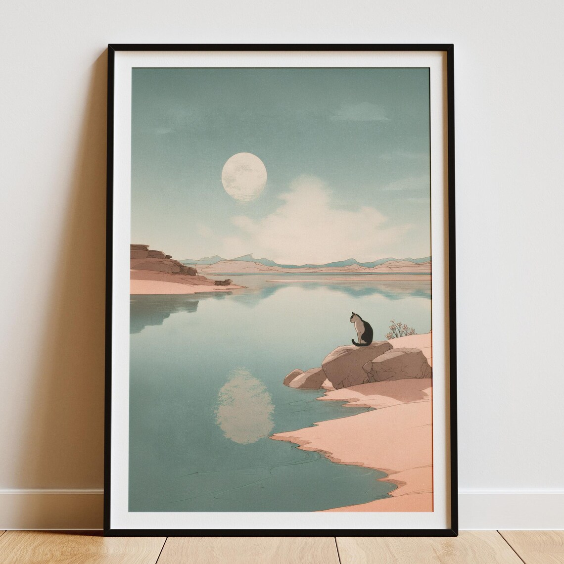 Japandi Cat Sitting Beside Bamboo Stalks Pink Leaves Zen Art Poster