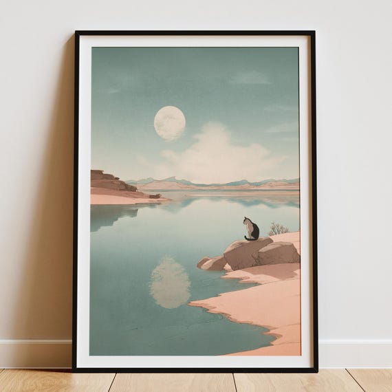 Japandi Black Cat Print Minimalist Zen Moon Art