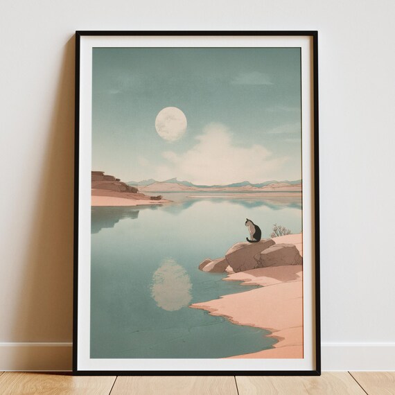 Japandi Cat Sitting Beside Bamboo Stalks Pink Leaves Zen Art Poster