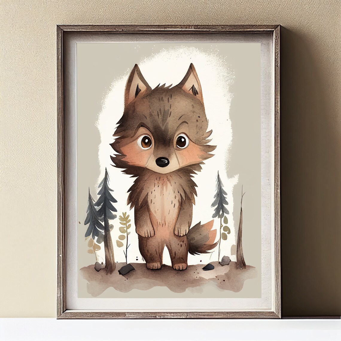 Cute Baby Wolf Cub Watercolor Pine Trees Woodland Nursery Poster