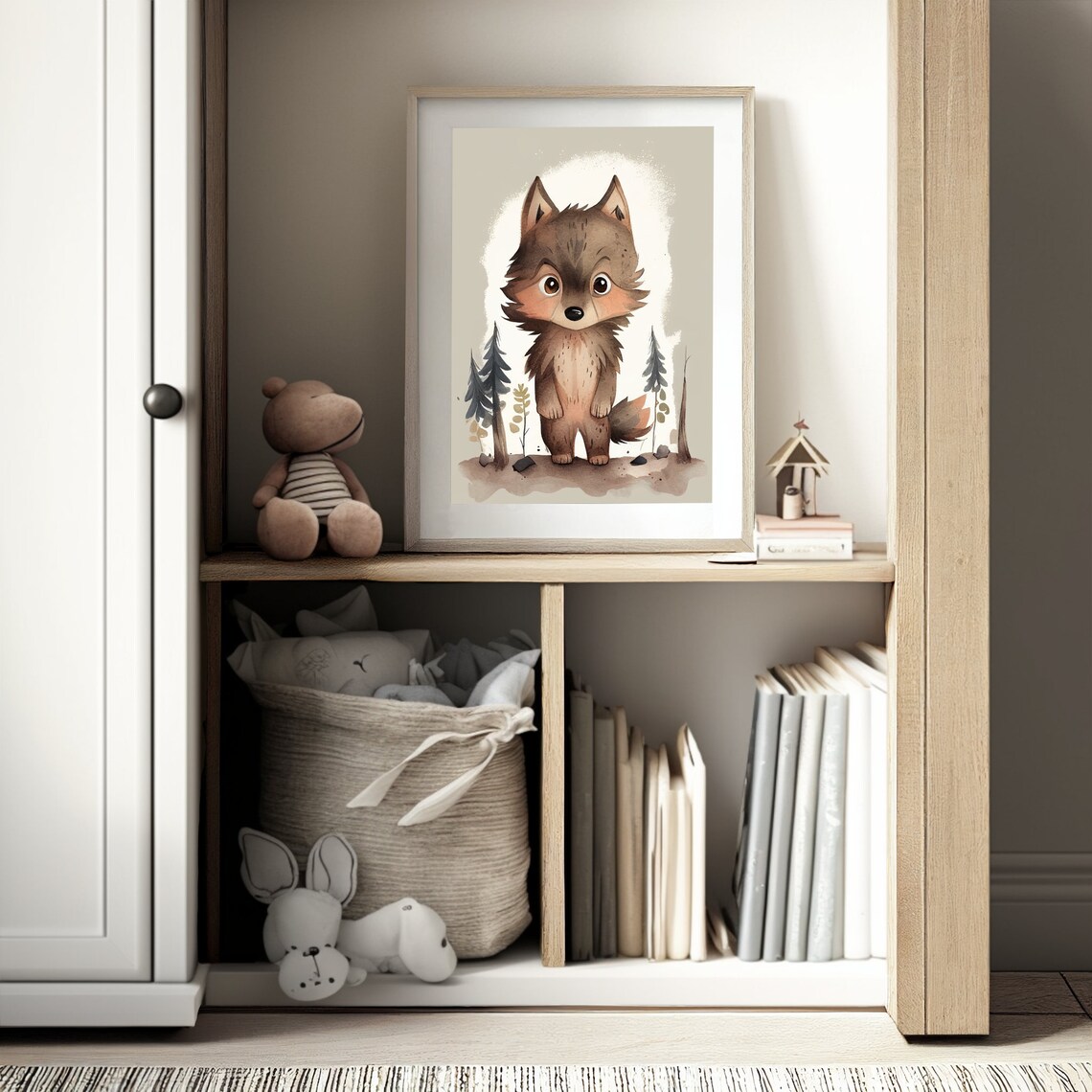 Cute Baby Wolf Cub Watercolor Pine Trees Woodland Nursery Poster - Image 2