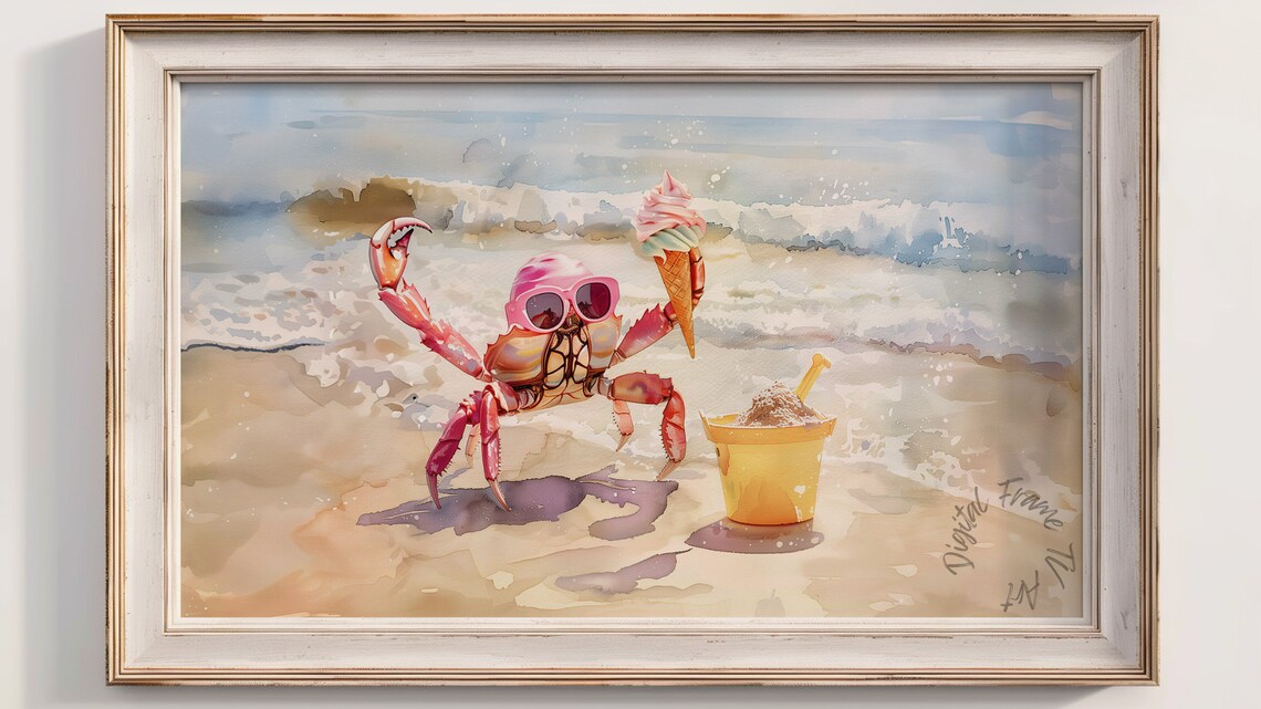 Funny Pink Crab With Sunglasses Ice Cream Beach Summer Art Poster - Image 2