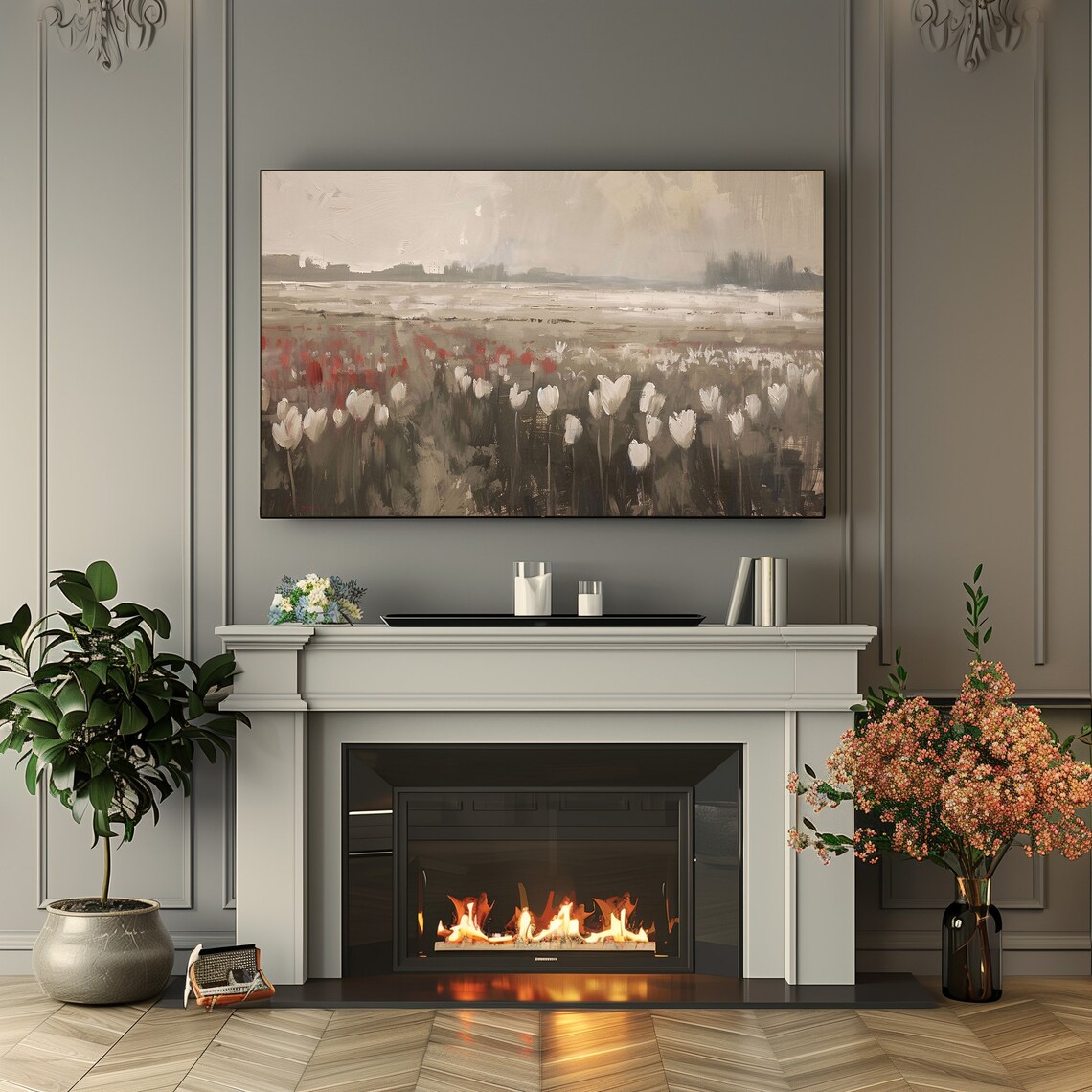 Vintage White Tulip Field Muted Tones Cottage Landscape Art Poster - Image 2