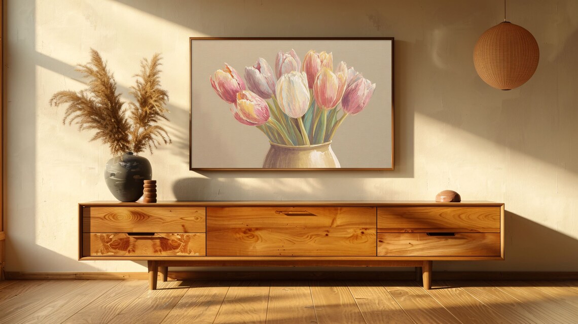 Vintage Pink Tulips In Vase Beige Spring Floral Still Life Poster - Image 2