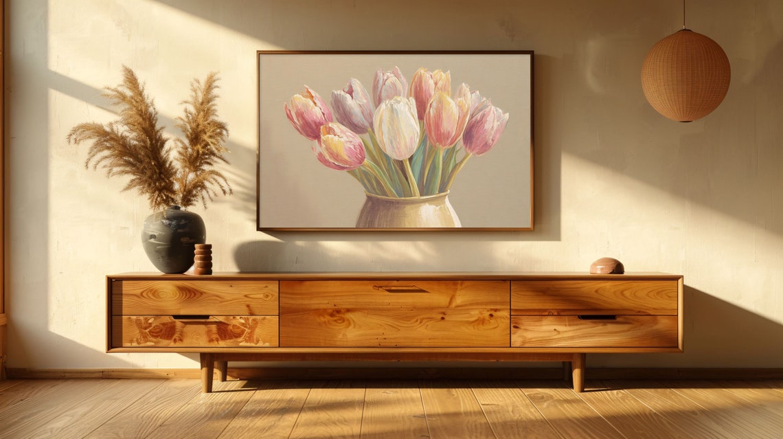 Vintage Tulips Frame Tv Art Spring Tulips In A Vase Oil Painting Farmhouse Flower Decor Tv Art Frame Tv Painting - Image 2