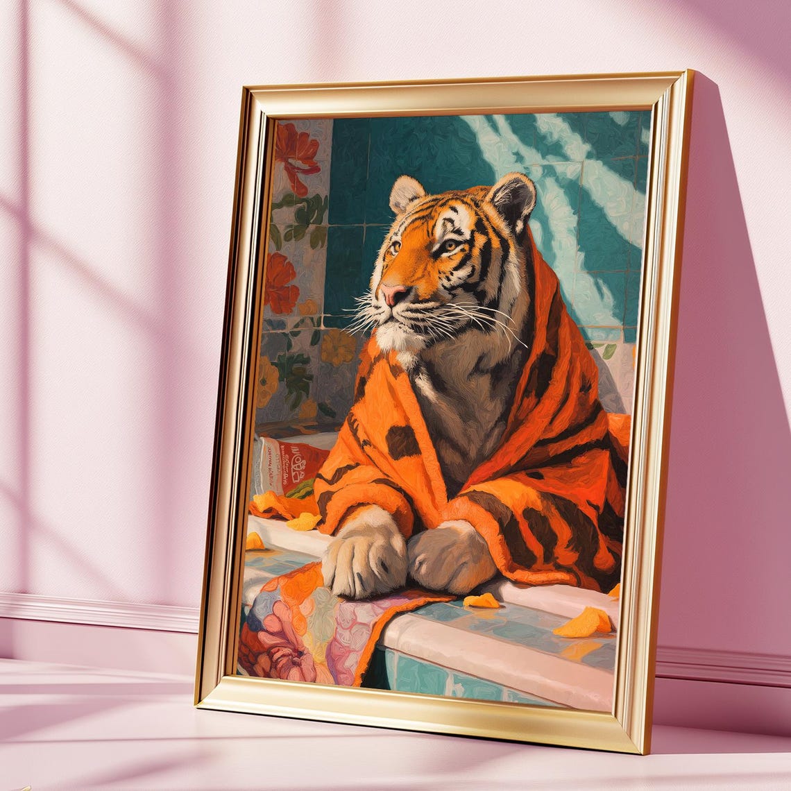 Tiger in Bathtub Wrapped in Towel Whimsical Bathroom Art Poster