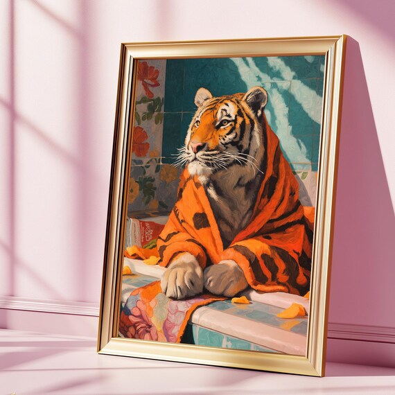 Bathroom Tiger Art Print Whimsical In Bathtub Wall Funny Animal Decor Quirky Wildlife Poster