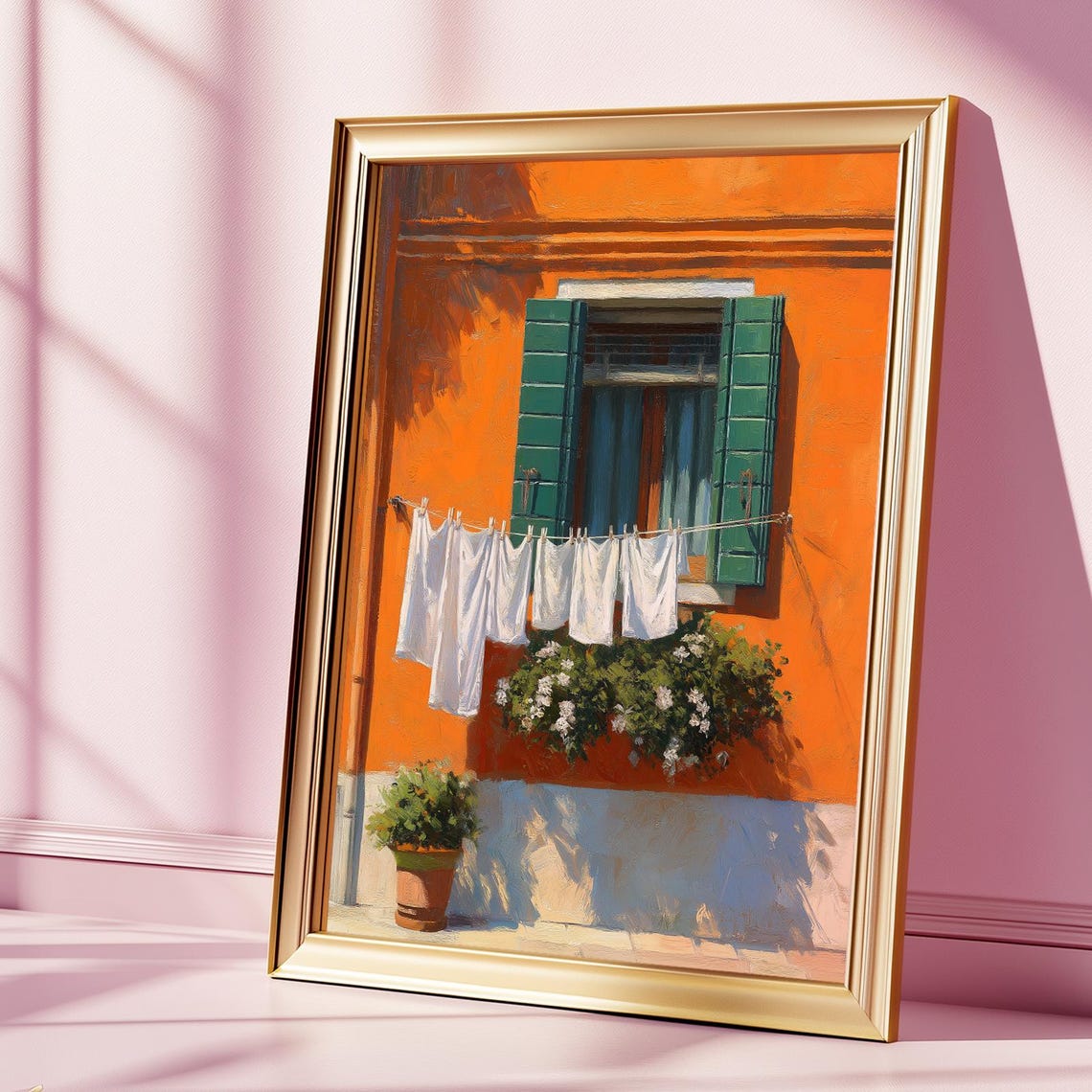 Italian Laundry Window Bright Orange Mediterranean Sunny Street Poster