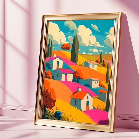 Colorful Tuscany Landscape Art Print Vibrant Modern Countryside Wall Decor With Fields And Houses Bold Contemporary Nature Poster