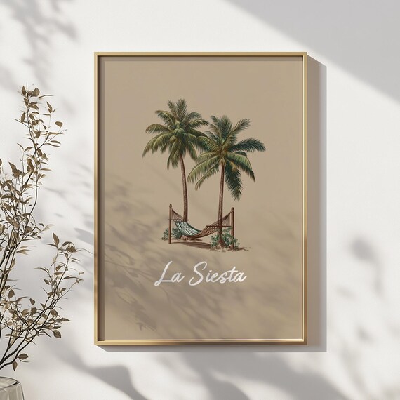 La Siesta Palm Trees Hammock Tropical Beach Beige Minimalist Poster
