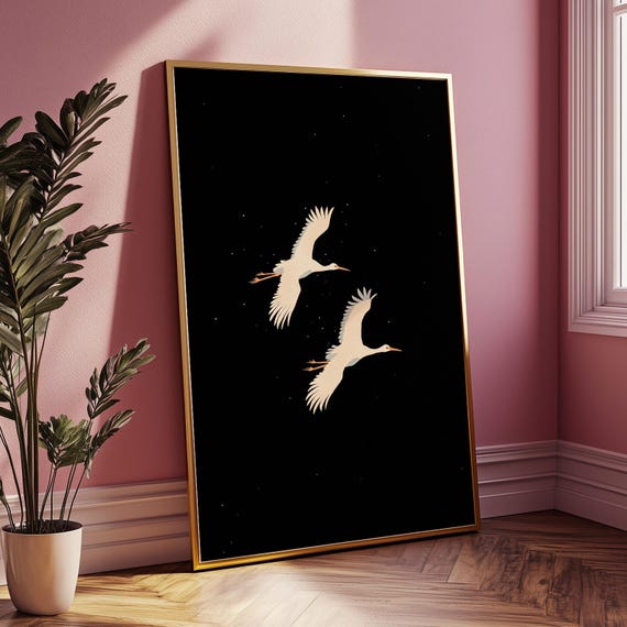 Minimalist Crane Bird Wall Art Elegant Night Sky Animal Print Japandi Zen Decor Black Background Nature Poster For Calm Modern Interiors
