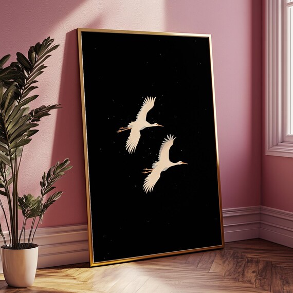 Two White Cranes Flying at Night Starry Black Sky Minimalist Bird Poster