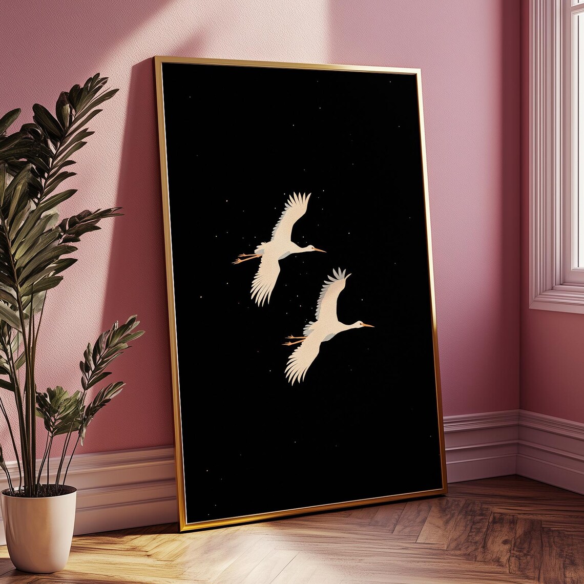 Two White Cranes Flying at Night Starry Black Sky Minimalist Bird Poster