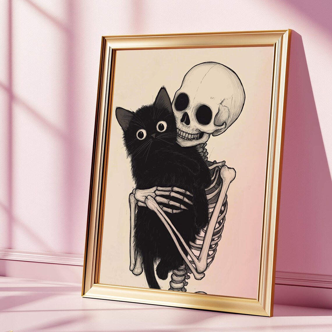 Skeleton Hugging Black Cat Cute Spooky Halloween Goth Illustration Poster