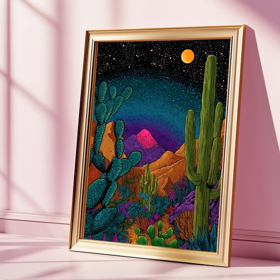 Mexican Cactus Art Print Traditional Folk Poster Vintage Desert Cacti Boho Home Decor