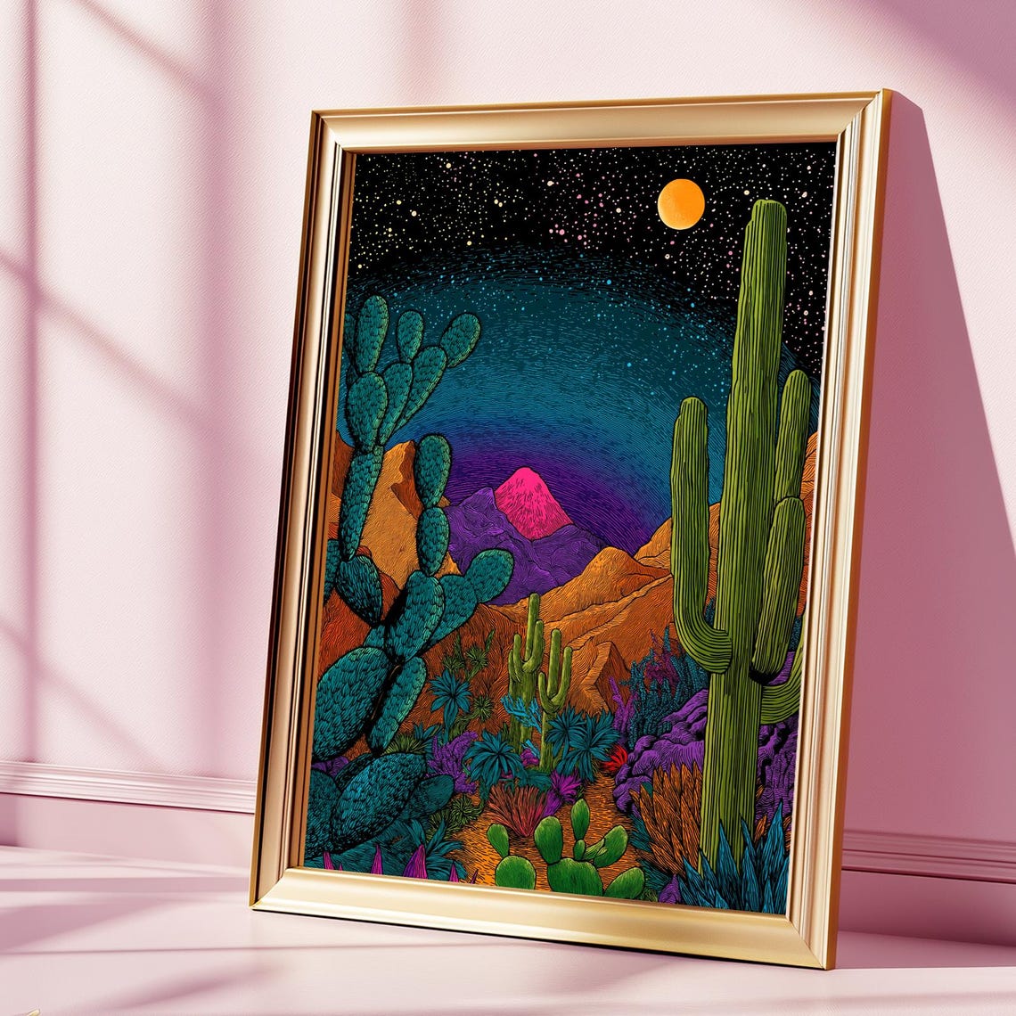 Vintage Mexican Cactus Night Starry Sky Traditional Folk Art Poster