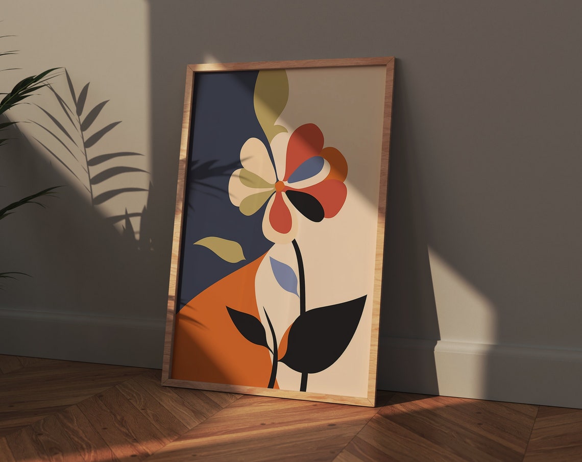 Matisse Style Abstract Blossom Navy Orange Modern Art Poster