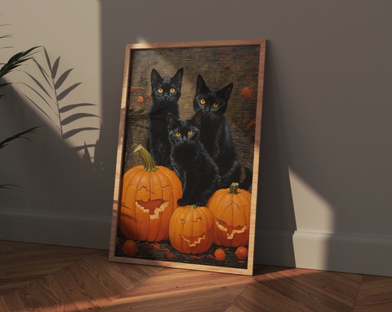 Halloween Cat Wall Art Decor Indoor Printables Vintage Black Posters