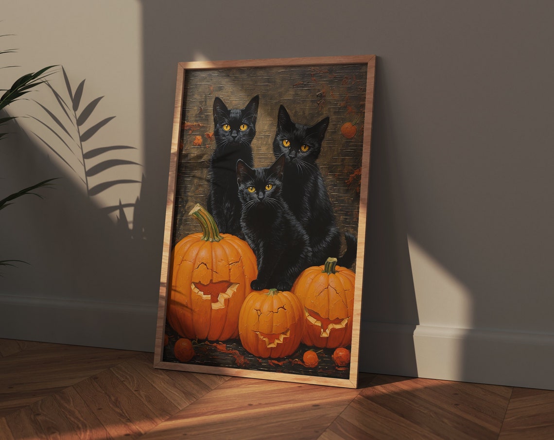 Three Black Cats and Pumpkins Vintage Halloween Painting Poster