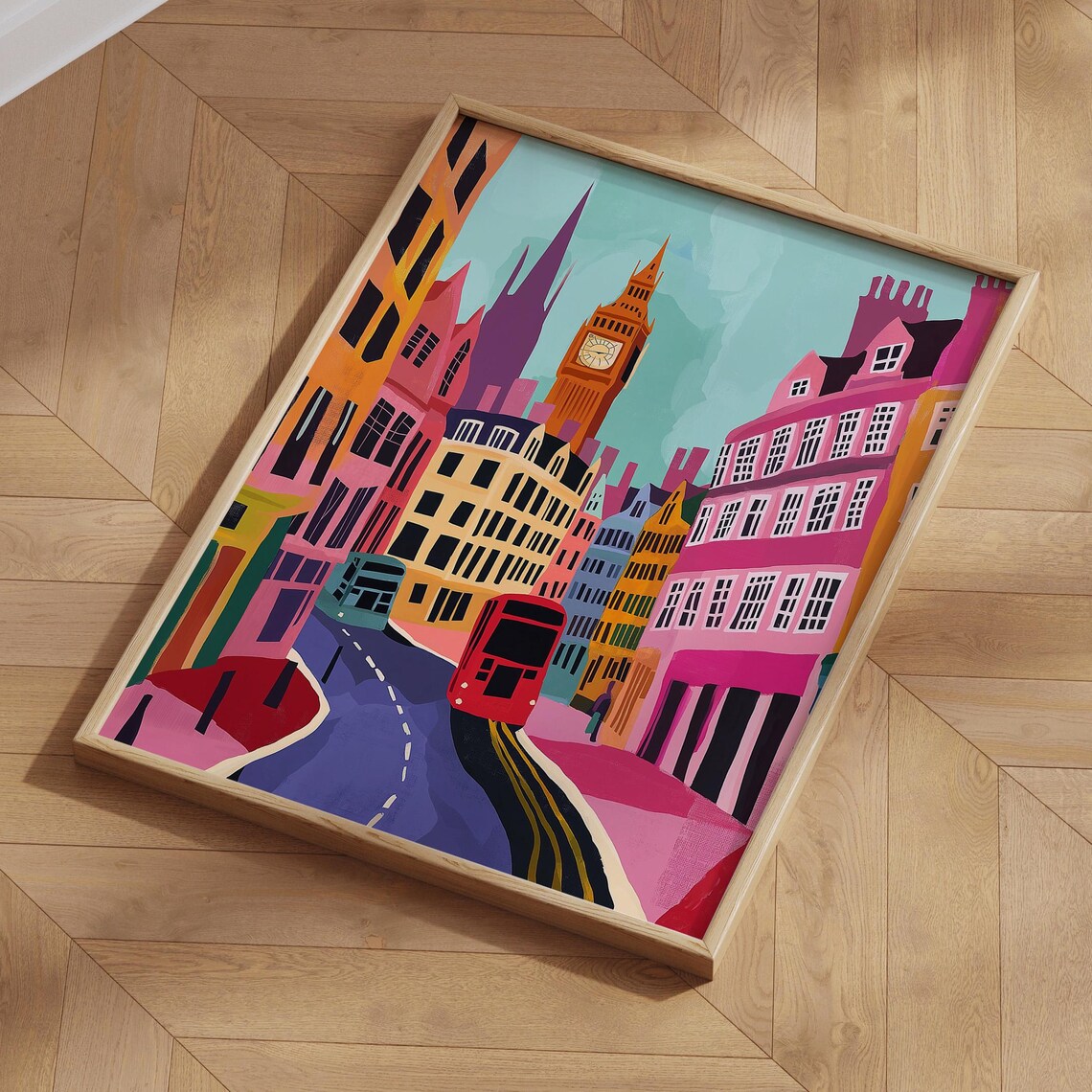 London Pastel Cityscape Big Ben Red Bus Street Art Travel Poster