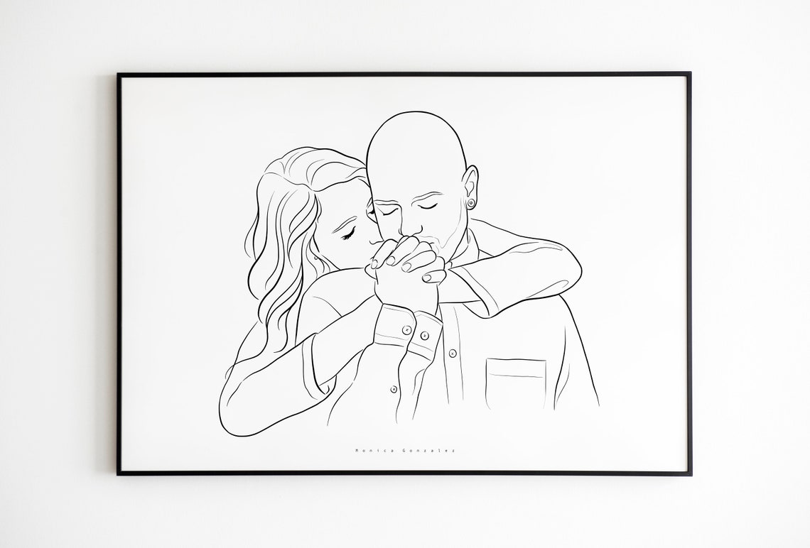 Couple Embrace Forehead Kiss Line Art Portrait Poster Elegant Decor